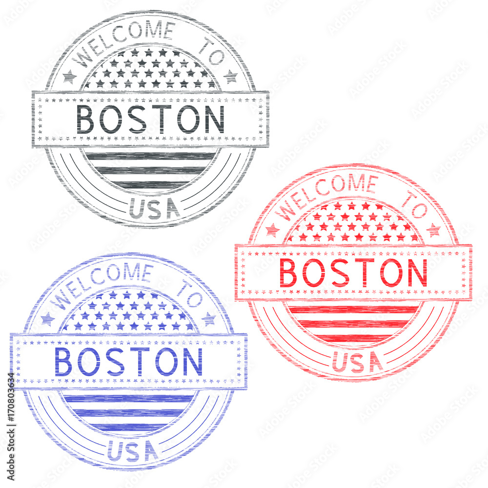 Obraz premium Welcome to Boston, USA. Tourist colored stamps with US national flag
