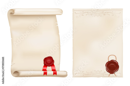 Parchment scroll and old paper with wax seal