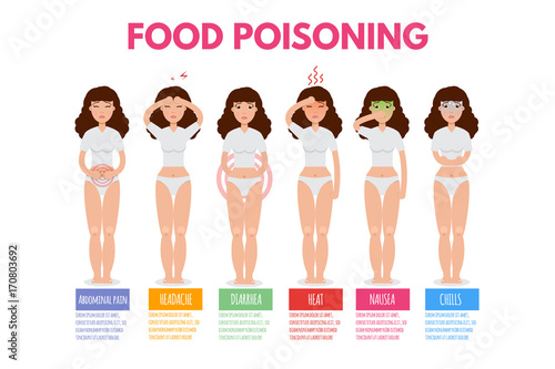 Woman having food poisoning symptoms. Diarrhea, nausea, abdominal pain. Vector illustration