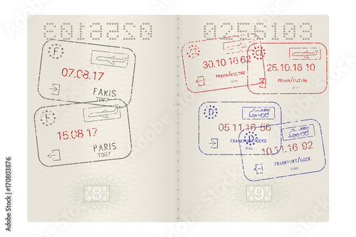 Passport pages with international stamps