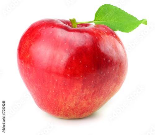 red apple with green leaf isolated on a white background