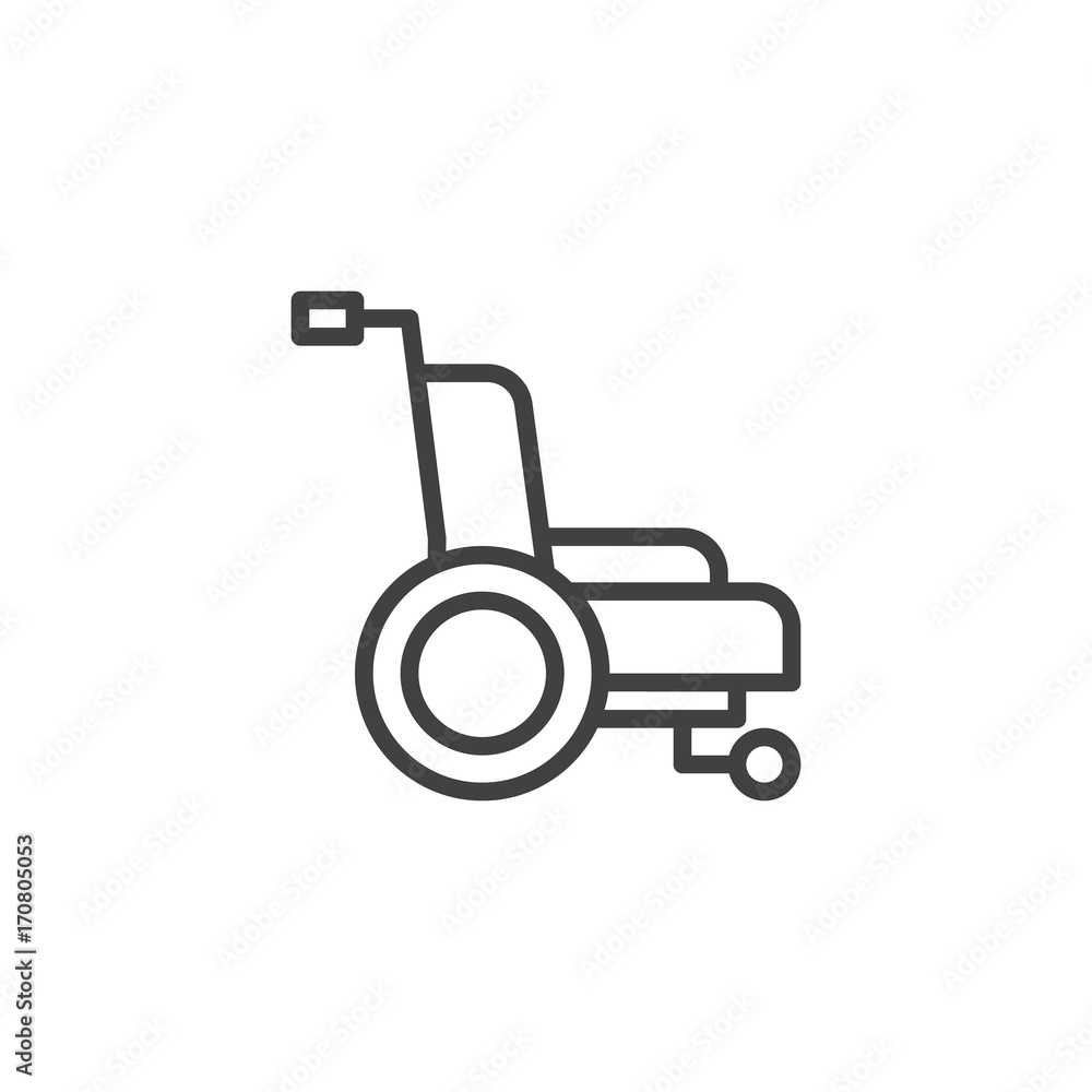 Wheelchair line icon, outline vector sign, linear style pictogram isolated on white. Symbol, logo illustration. Editable stroke Wheelchair line icon, outline vector sign, linear style pictogram isolated on white. Symbol, logo illustration. Editable stroke