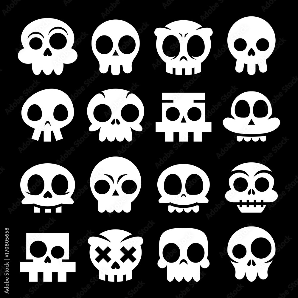 Halloween vector cartoon skull icons, Mexican white cute sugar skulls design set, Dia de los Muertos on black background