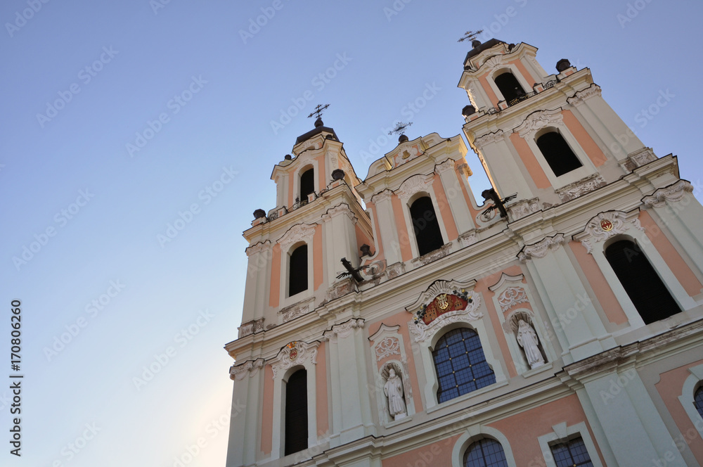 Look up at St. Catherine's Church in Baroque style. Vilnius, Lithuania.