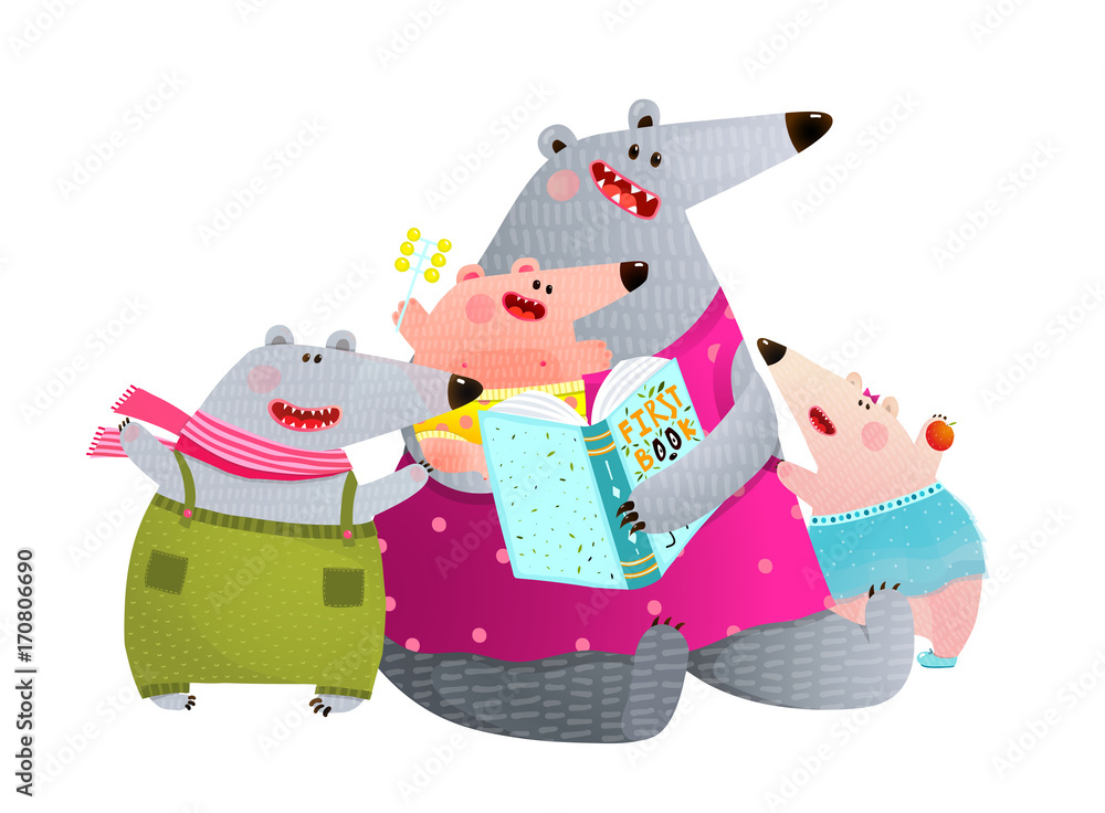 Fototapeta premium Bear Family Reading Book Mother with Children