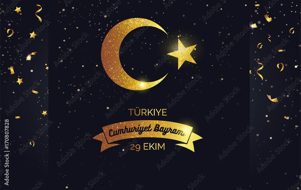 Naklejka premium 29 ekim Cumhuriyet Bayrami, Republic Day Turkey. Greeting card with golden sparkling emblem and confetti. Vector illustration