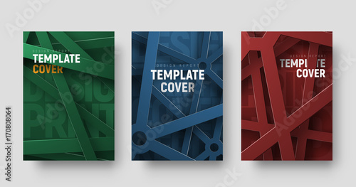 set of vector multicolored covers in a futuristic style with intersecting abstract lines and text between them