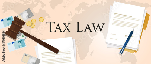 Tax law gavel hammer with money and paper international court of financial dispute revenue income financial verdict penalty