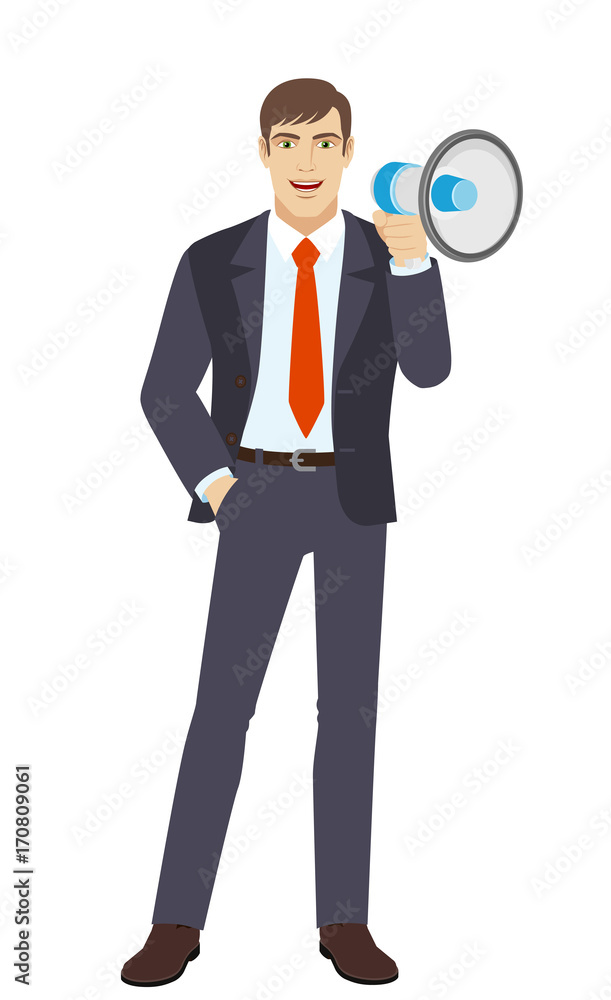 Businessman with loudspeaker and with hand in pocket Businessman with loudspeaker and with hand in pocket