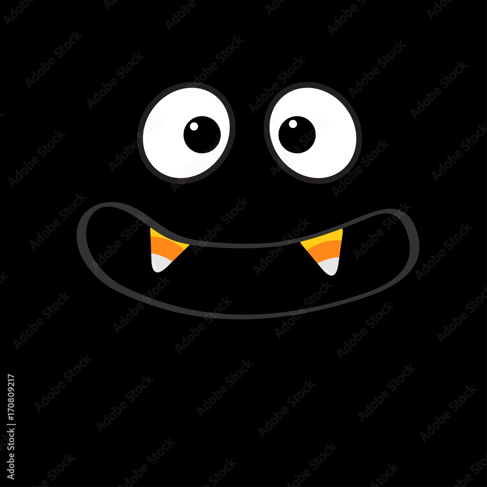 Scary face emotions. Big eyes, mouth with candy corn Vampire tooth fang. Happy Halloween. Baby Greeting card. Flat design style Black background.