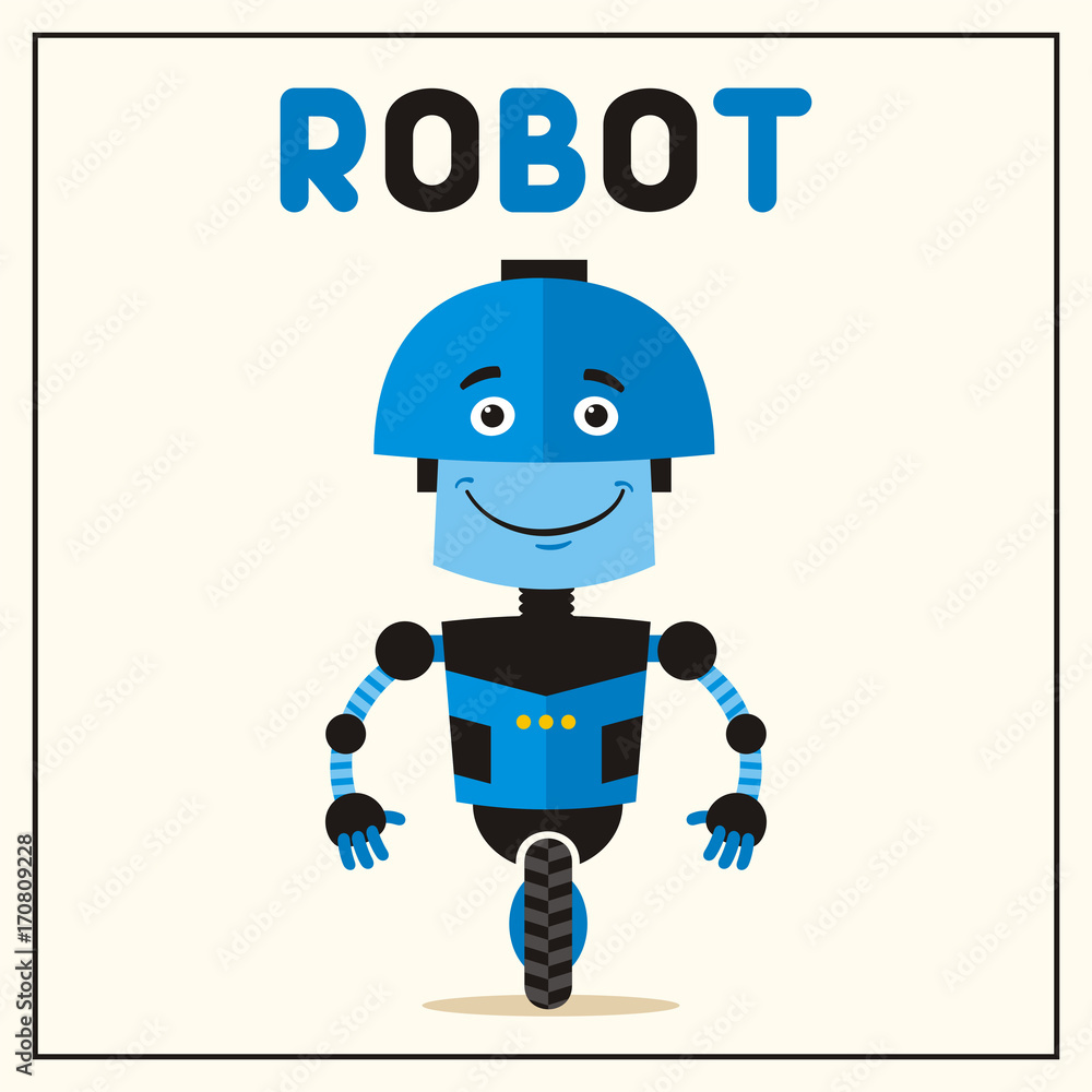 Smiling blue robot on the wheel. Isolated robot in cartoon style. Smiling blue robot on the wheel. Isolated robot in cartoon style.
