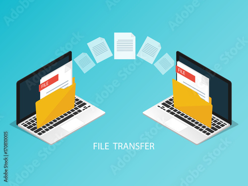 isometric laptop file transfer vector