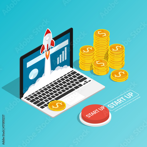 isometric rocket fast start up launch laptop,ecommerce business start up project,button press start up flat vector