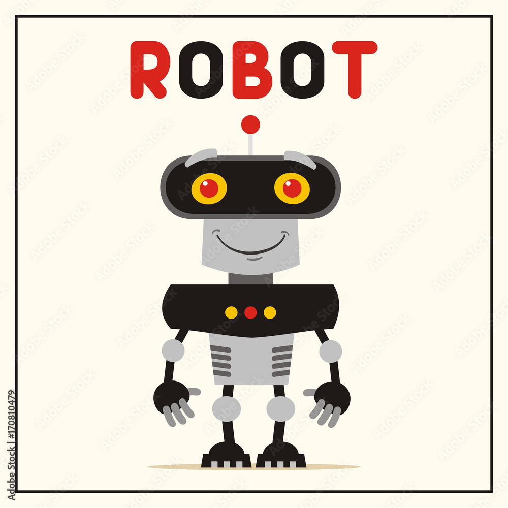 Smiling blue robot with red and yellow eyes. Isolated robot in cartoon  style. Stock Vector | Adobe Stock