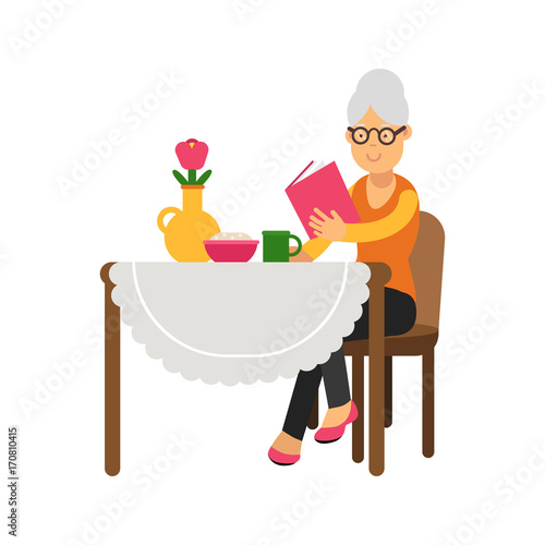 Senior woman character sitting near the table, drinking tea and reading a book colorful vector Illustration