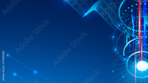 A communication satellite in space transmits a signal. Abstract technological geometric background.