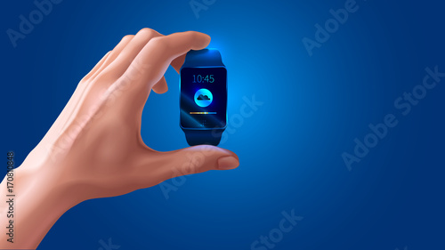 Modern shiny smart watch black color in hand on blue background. Smart watch displays time and the icon sync with cloud storage via the Internet. VECTOR