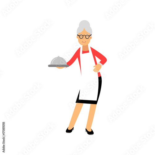 Senior woman character standing and holding platter cloche colorful vector Illustration