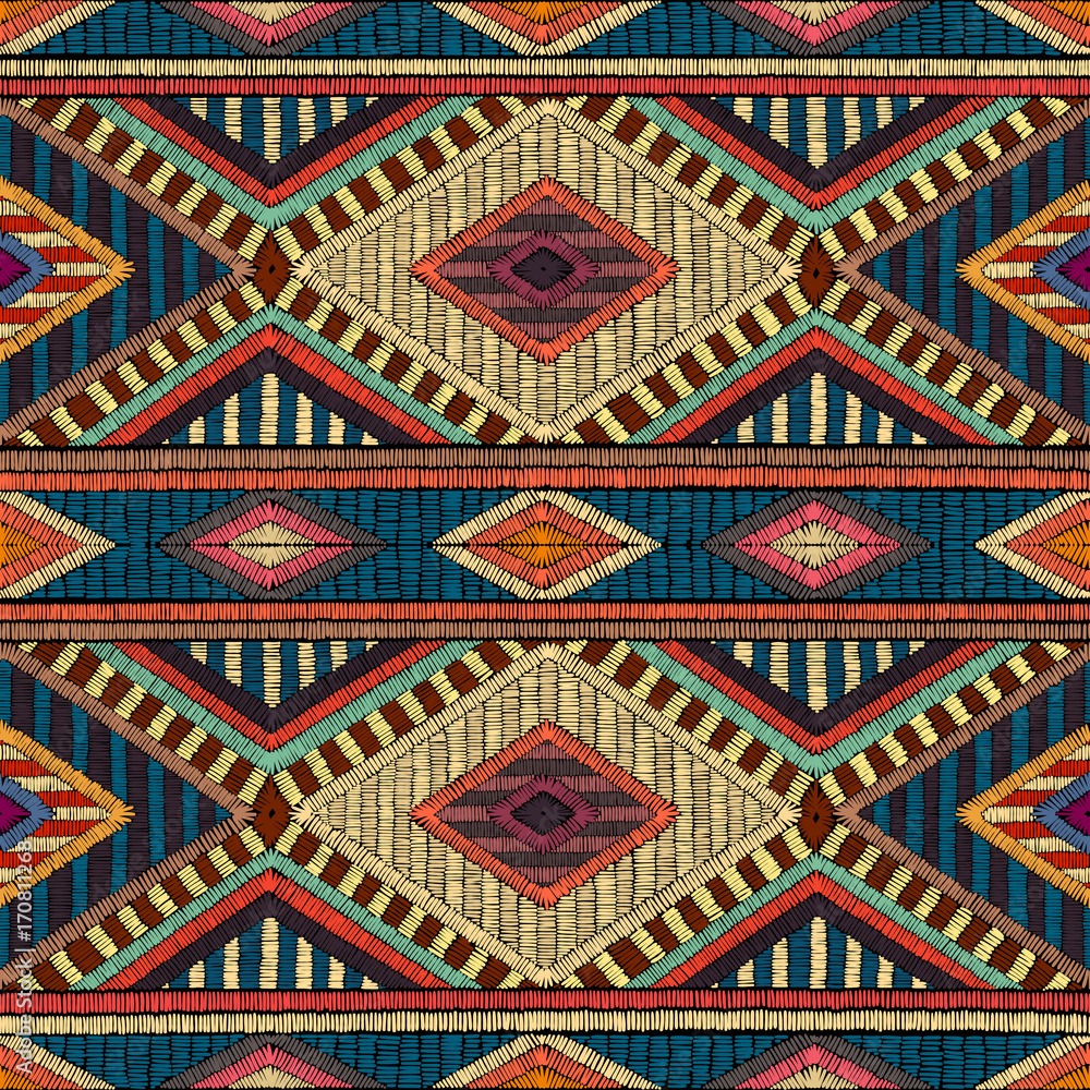Embroidered seamless geometric pattern. Ornament for the carpet. Ethnic and tribal motifs. Colorful print of handmade. Vector illustration. Embroidered seamless geometric pattern. Ornament for the carpet. Ethnic and tribal motifs. Colorful print of handmade. Vector illustration.