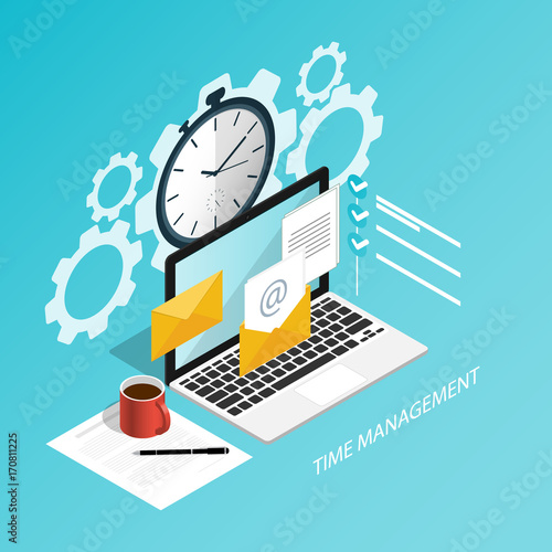 isometric time management working computer flat vector