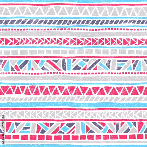 Seamless striped pattern. Ethnic and tribal motifs. Vintage print, grunge texture.Simple ornament. Handmade. White, gray, pink and blue colors.