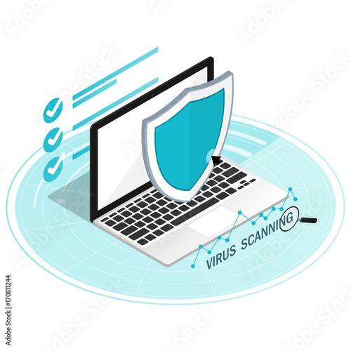 virus scan computer security malware laptop,computer security shield guard isometric flat vector