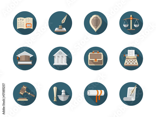 Law firm flat round vector icons set