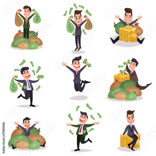 Rich wealthy happy millionaire characters enjoying their money colorful vector Illustrations