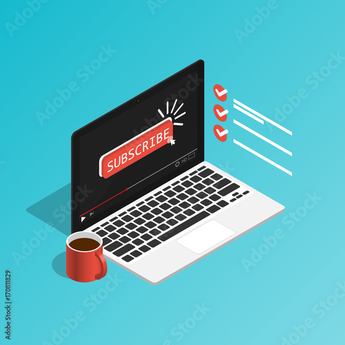 video streaming subscribe followers isometric laptop flat vector