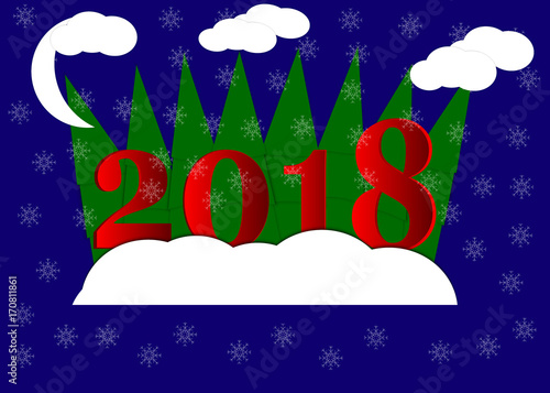 Happy new year, 2018, Merry Christmas vector illustration. Winter snow forest. Paper art style.