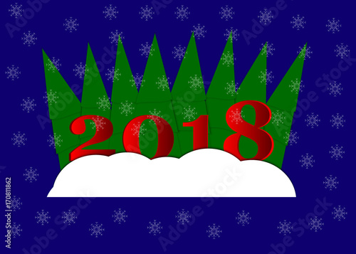 Happy new year, 2018, Merry Christmas vector illustration. Winter snow forest. Paper art style.