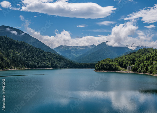 The mountain lake Sylvenstein lake in Bavaria, Germany