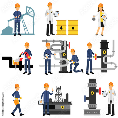 Oil industry set, extraction, production, refinery and transportation oil colorful vector Illustrations
