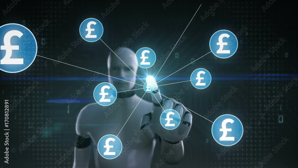 Robot, cyborg touching Pound symbol, Numerous dots gather to create a Pound currency sign, dots makes global world map, internet of things. financial technology 1. Robot, cyborg touching Pound symbol, Numerous dots gather to create a Pound currency sign, dots makes global world map, internet of things. financial technology 1.