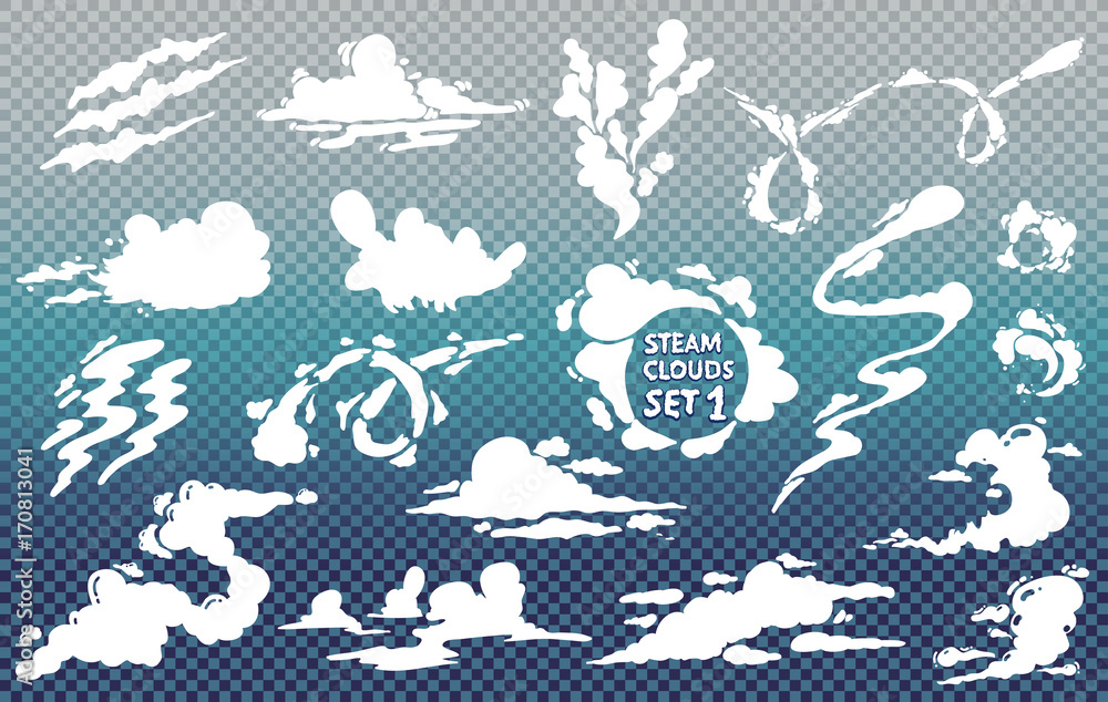 Steam clouds set. Fog flat isolated clipart for advertising posters ...