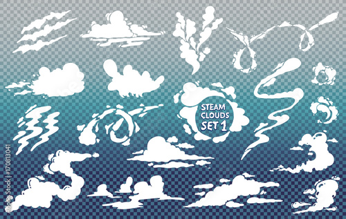 Steam clouds set. Fog flat isolated clipart for advertising posters, effects and design. Cartoon white smoke. Vector illustration. Isolated on transparent background