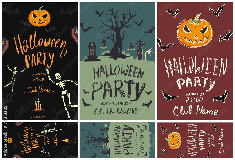 Set of posters and flyers for the Halloween party. Pumpkins, skeletons, cemetery, bats and other Halloween symbols. Vector template illustration.