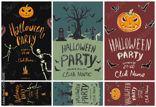 Set of posters and flyers for the Halloween party. Pumpkins, skeletons, cemetery, bats and other Halloween symbols. Vector template illustration.