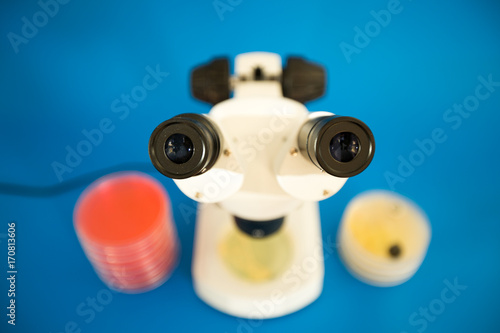 Scientific microscope and petri dishes for scientific research on blue background
