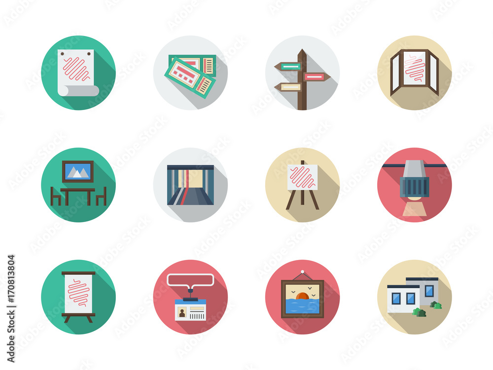 Art gallery elements flat round vector icons set Art gallery elements flat round vector icons set