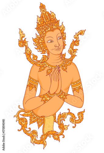 Thai style angel art pattern vector hand drawing on a white background