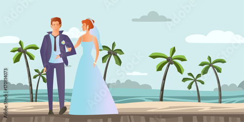 Young couple in love. Man and woman at the wedding ceremony on a tropical beach with palm trees. Vector illustration.