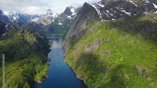 Yachting in Troll fjord. Aerial view