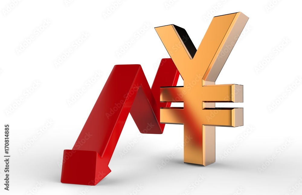 Obraz premium Golden Japanese Yen symbol and red downwards growth arrow up, Economic recession concept. Isolated on white background. 3D rendered illustration.
