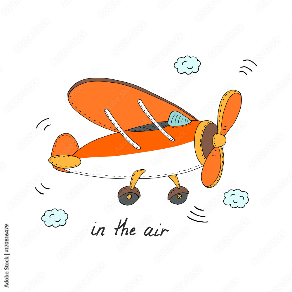 In the air card with plane cartoon hand drawn vector illustration Stock ...
