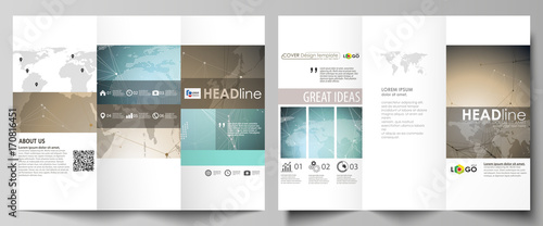 The minimalistic abstract vector illustration of editable layout of two creative tri-fold brochure covers design business templates. Chemistry pattern with molecule structure. Medical DNA research