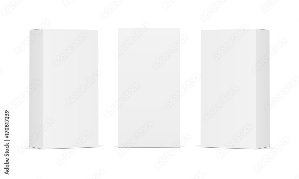 Set of blank white product packaging boxes isolated. Three rectangular templates in different positions for design or branding. Vector illustration