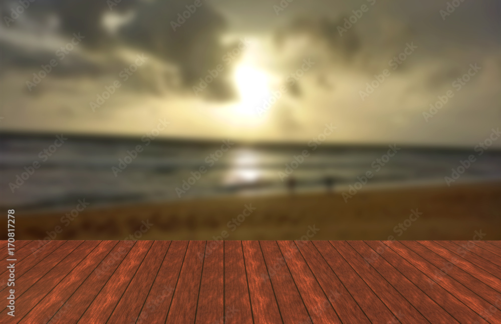 Wooden board empty table top in front of blured background of tropical island, wooden table can be used mock up for display or montage your products Wooden board empty table top in front of blured background of tropical island, wooden table can be used mock up for display or montage your products