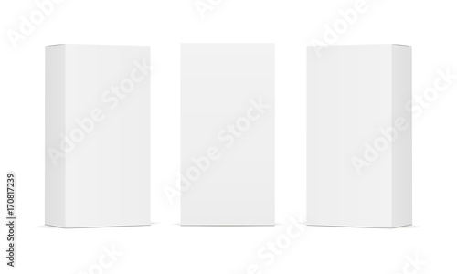 Set of blank white product packaging boxes isolated. Three rectangular templates in different positions for design or branding. Vector illustration
