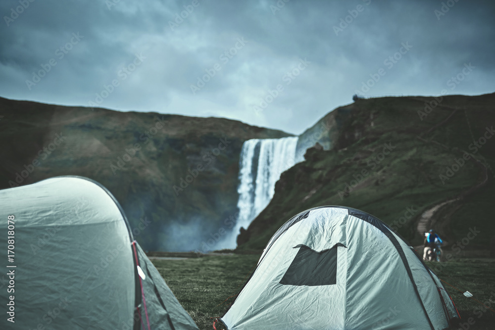 camping near famous Skogafoss waterfall in southern Iceland. treking in Iceland. Travel and landscape photography concept